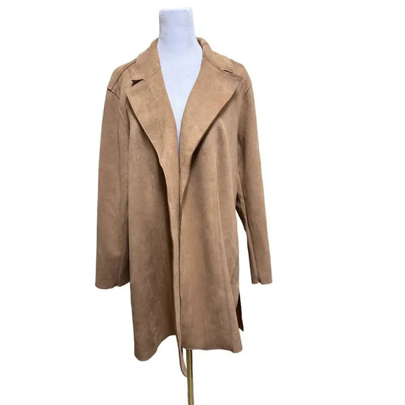 Tahari Woman Brown Suede Faux Leather Open Front Long Jacket Shacket Size 1X - Picture 1 of 8